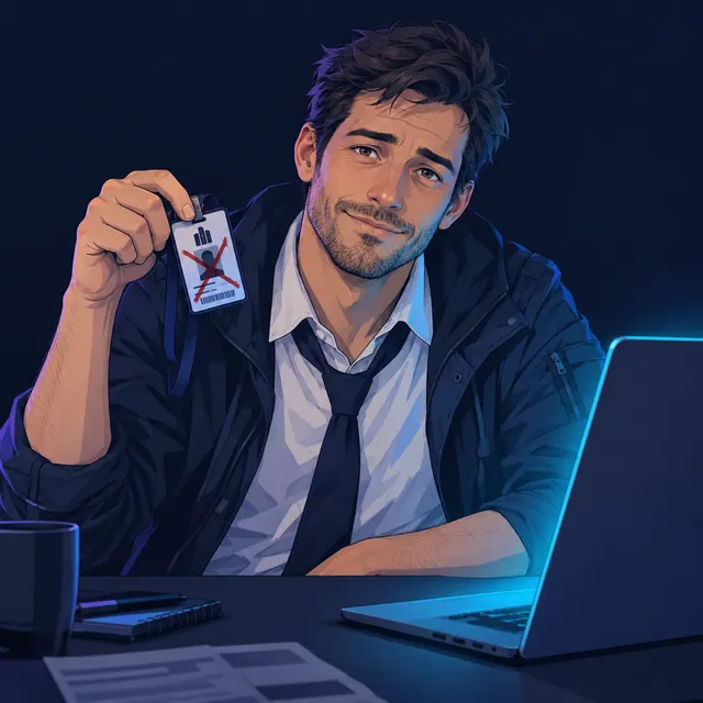 Shift, with a half-smile and crossed arms, in front of his laptop